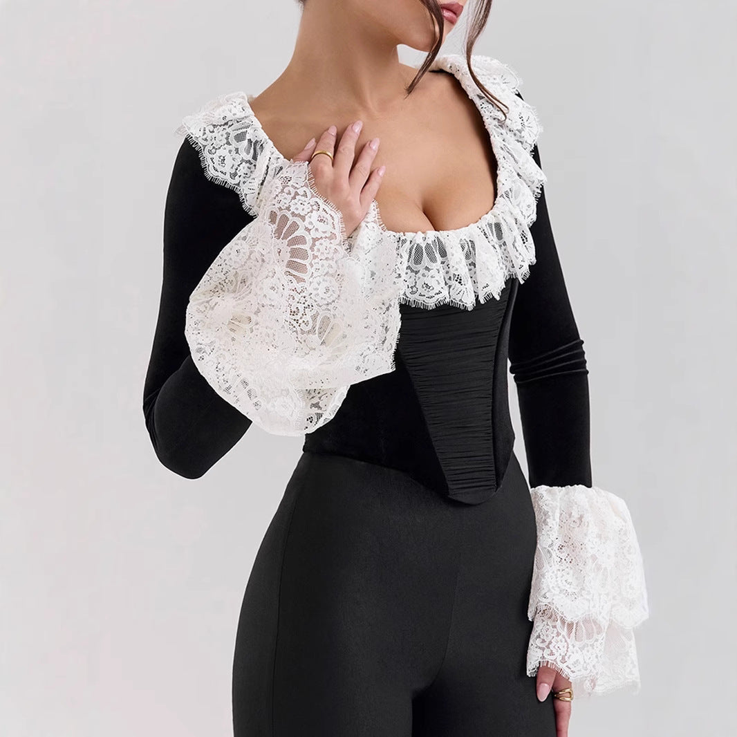 Christmas Velvet Lace Trim Flare Sleeve Square Neck Women's Top