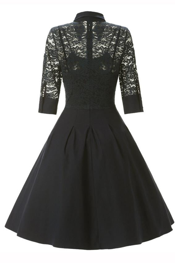 LACE LONG SLEEVES SOLID SPLICING PLEATED SHORT DRESS