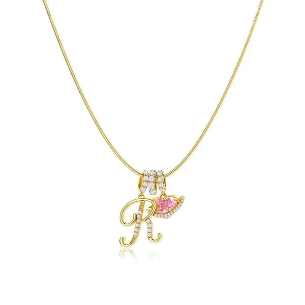 3-Layer Initial Necklace with Pink Heart Zircon