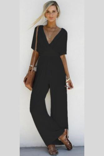 FREE SHIPPING CLEARENCE PURE COLOR V-NECK HALF SLEEVES LOOSE LONG JUMPSUIT