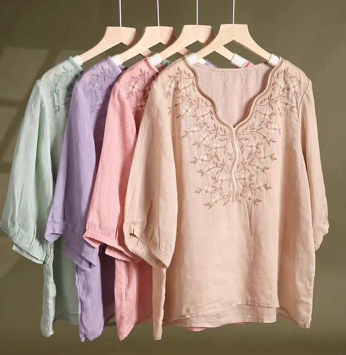 Vintage Women V-Neck Cotton Cap Sleeve  Embroidered  Top
