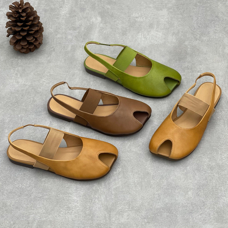Summer Lazy Leather Square Toe Soft Everyday Flat Sole Slip-Ons