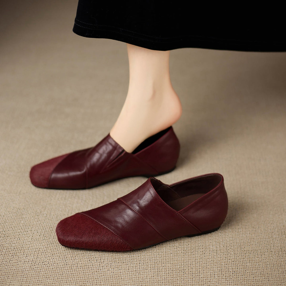 Spring Vintage Leather Horse Hair Patchwork Soft Sole Flats