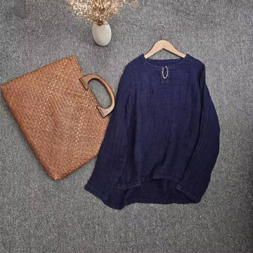 Retro Linen Spring Round Neck Simple Casual Embroidered Tops
