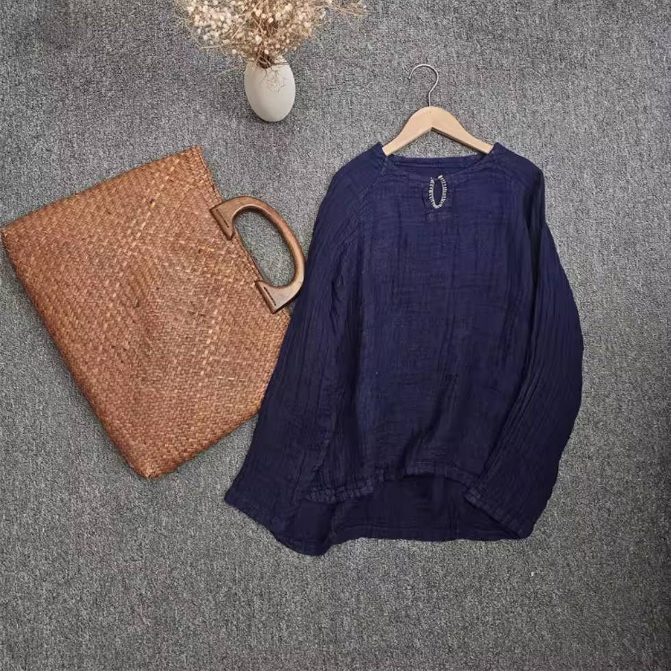 Retro Linen Spring Round Neck Simple Casual Embroidered Tops
