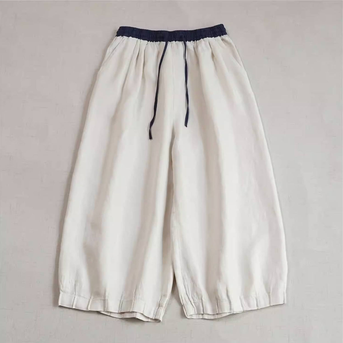 Spring Linen Patchwork Casual Everyday Elastic Waist Wide Legs Pants