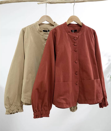 Spring Cotton Round Neck Solid Color Single-Breasted Jacket