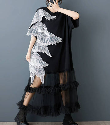 Loose Plus-Size 3D Embroidered Wings Ruched Tulle Patchwork Designer Dress