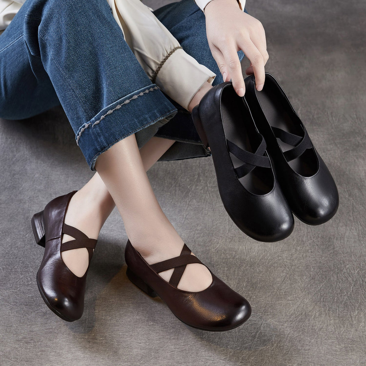 Spring Elegant Leather Elastic Crossing Straped Low Heel Shoes