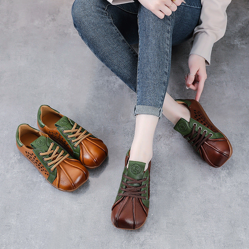 Spring Leather Patchwork Stylish Hallow Soft Sole Flat Shoes