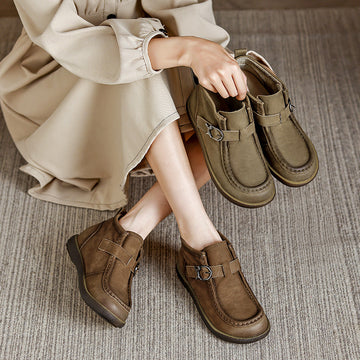 Retro Genuine Leather Round Wide Toe Flat Sole Ankle Boots