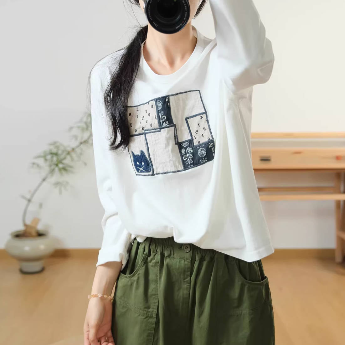 Spring Cotton Patchwork Round Neck Slim Thin Comfy Tops
