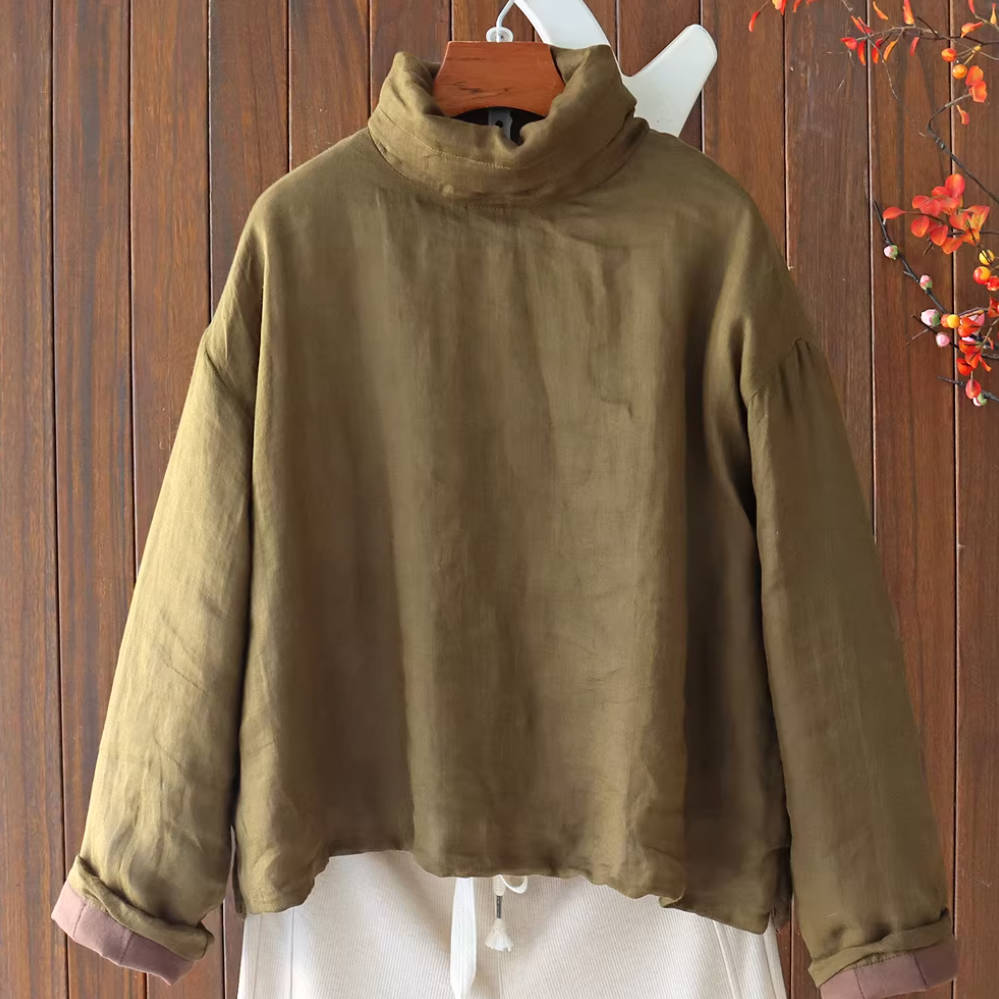 Winter Ramie Solid Color High Neck Cotton-In Green Tops