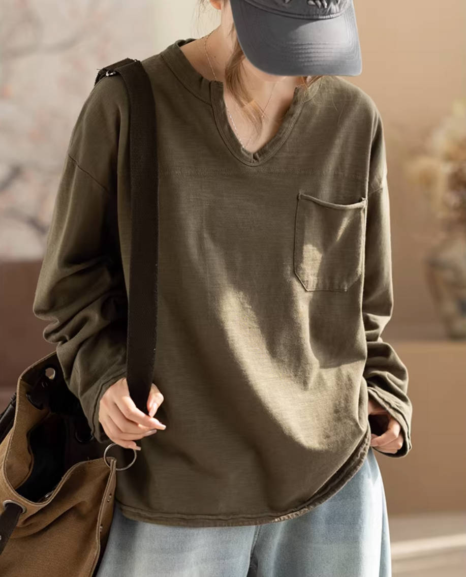Retro Bamboo Cotton V-Neck Pocket Curling-Up Casual Tops