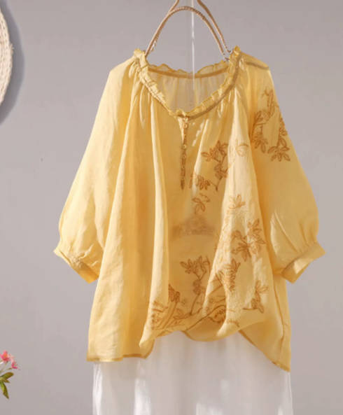 Retro Linen Cotton Embroidered Ruffled Collar Cotton Pullover Shirt Blouses