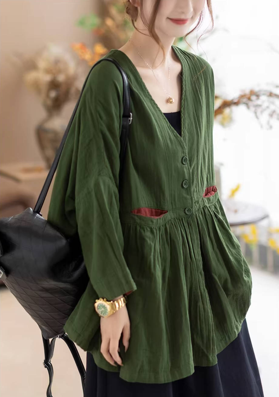 Retro Spring Cotton V-Neck Patchwork Versatile Long Loose Tops