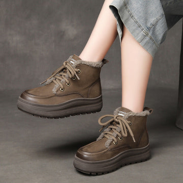 Winter Retro Leather Platform Plush Warm Lace-Up Flat Ankle Boots