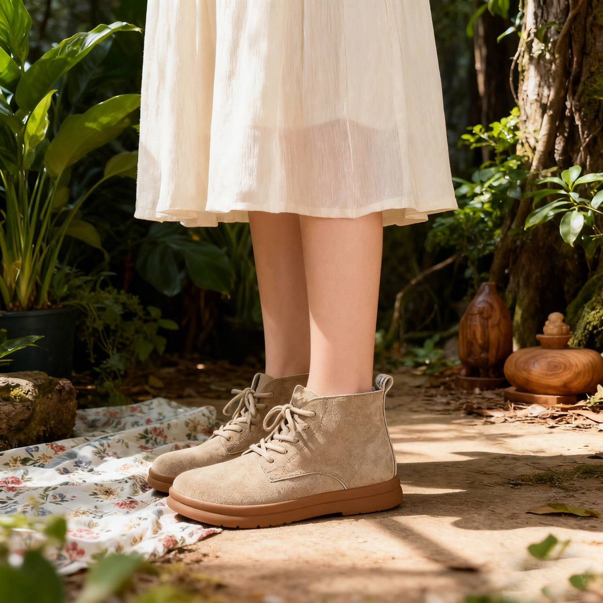 Versatile Top Leather Sueded Warm Flat Soft Sole Lace-Up Boots