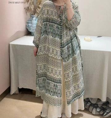Artistic Ramie Printed V-neck Lantern Sleeve Side Slit Loose Slimming Dress-A