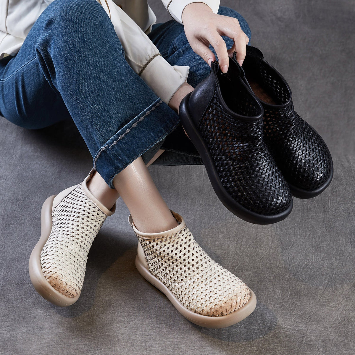 Babakud Retro Leather Woven Hallow Breathable Soft Sole Ankle Boots
