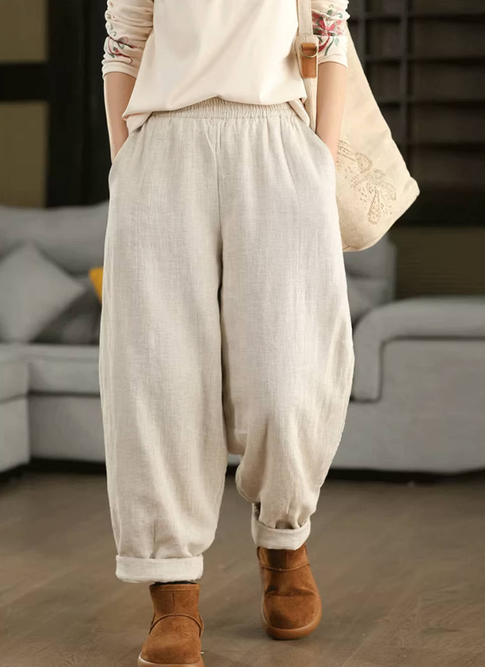 Winter Retro Ramie Washed Warm Cotton-In Loose Harem Pants