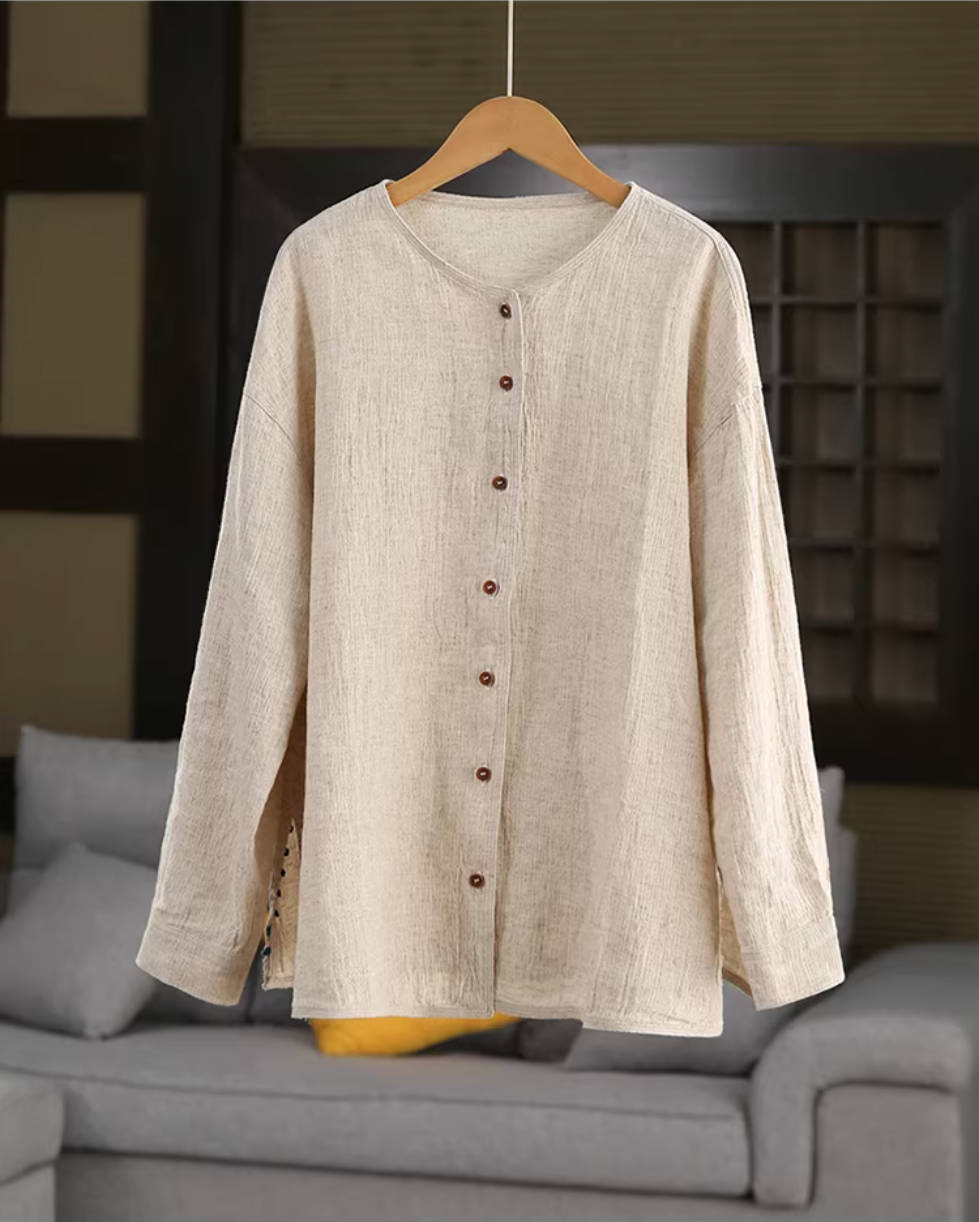 High Quality Ramie Spring Round Neck Single-Breasted Casual Shirt