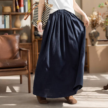 Spring Stylish Linen Elastic Waist Loose A-Line Casual Long Skirt