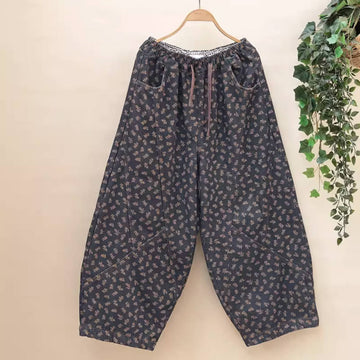 Winter Denim Retro Floral Printed Warm Plush Lace-Up Harem Pants
