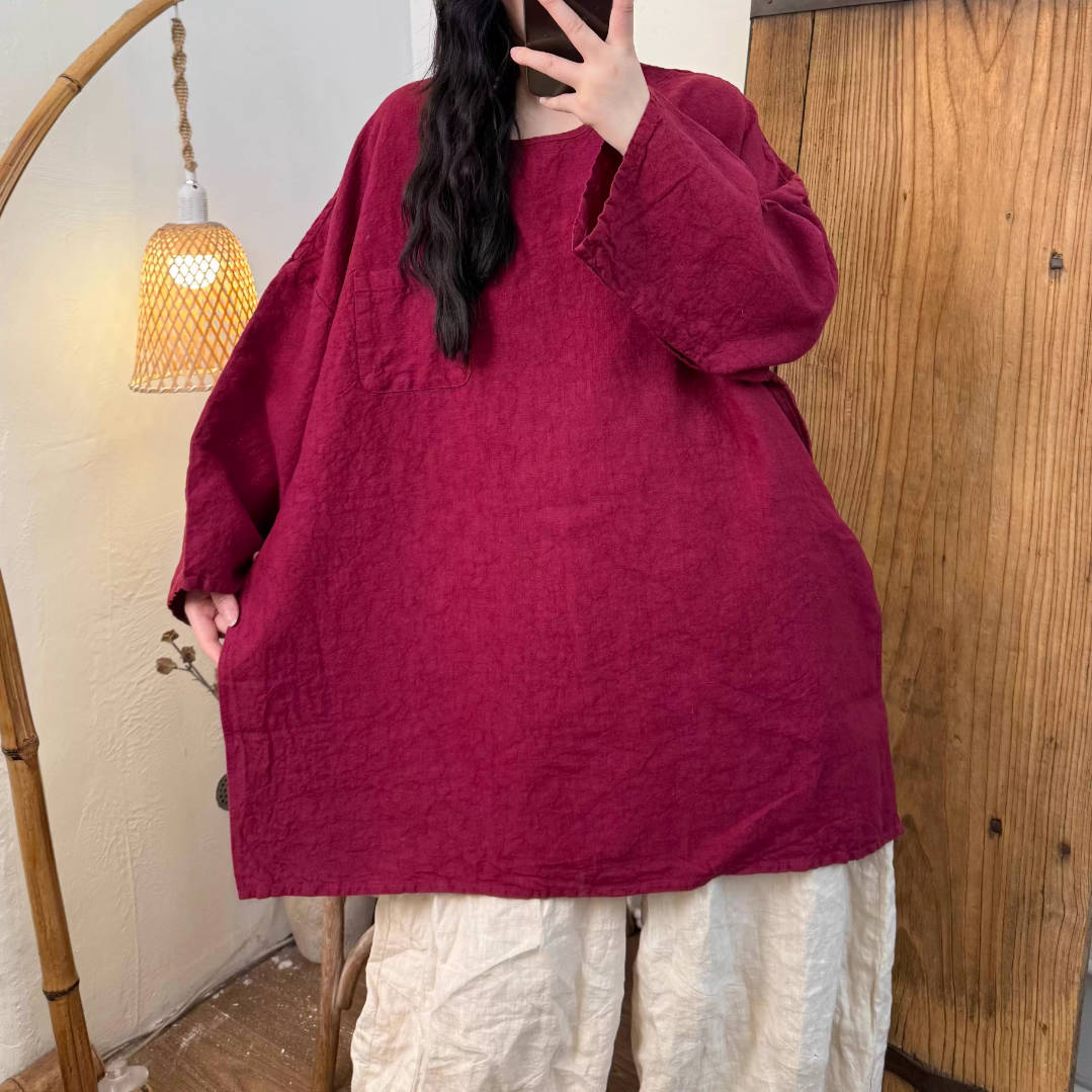 Spring Linen Round Neck Plus Loose Casual Colorful Tops