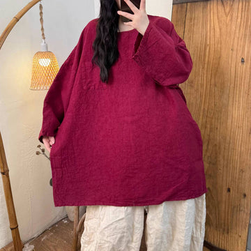 Spring Linen Round Neck Plus Loose Casual Colorful Tops