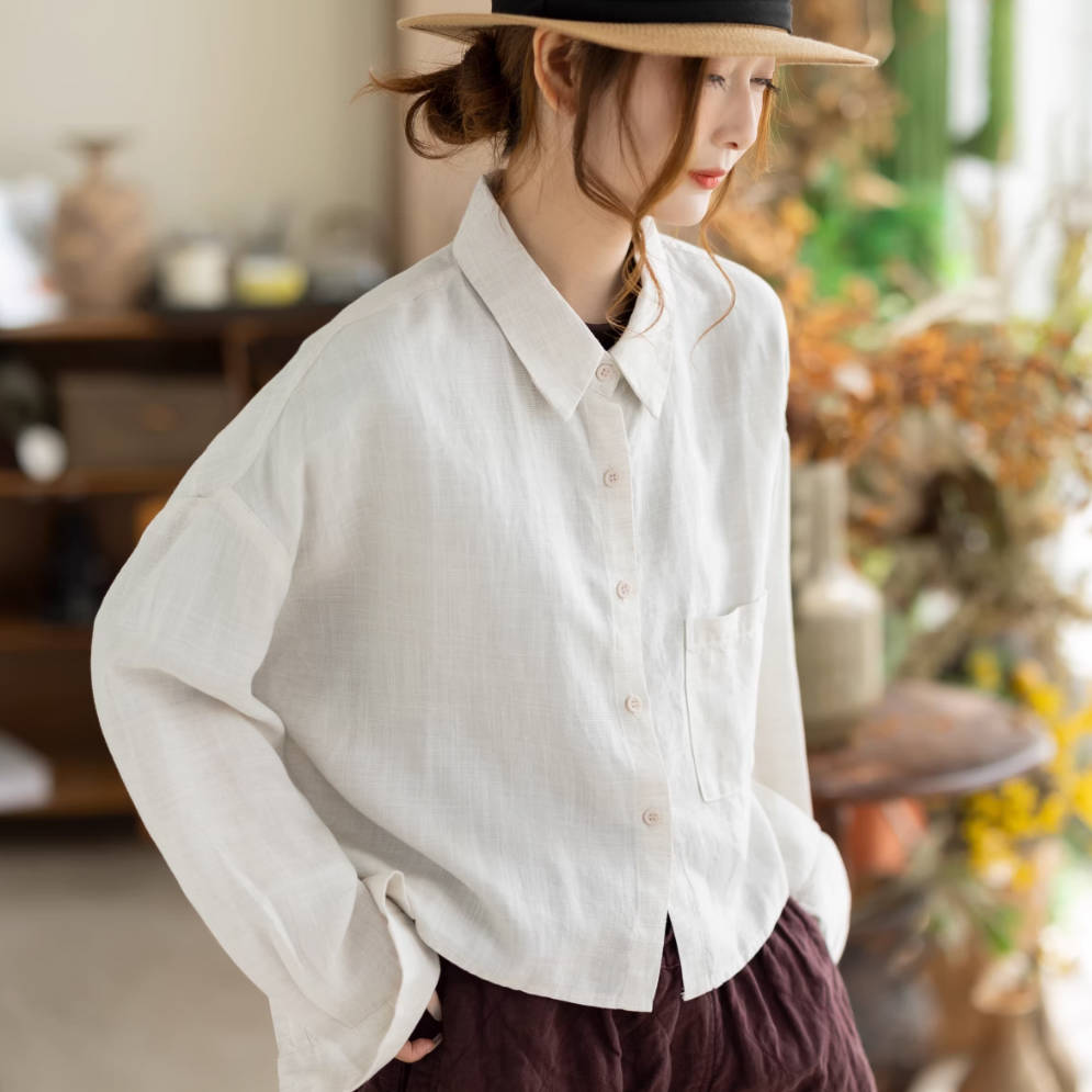 Spring Retro Ramie Lapel Long Sleeves Versatile Comfy Short Shirt