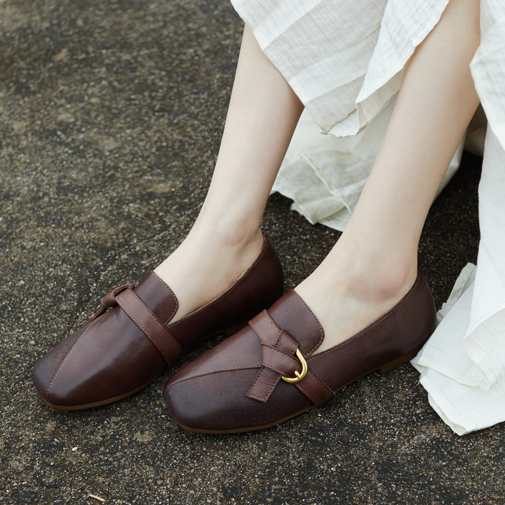Square Toe Genuine Leather Straped Fashion Light Soft Sole Flats