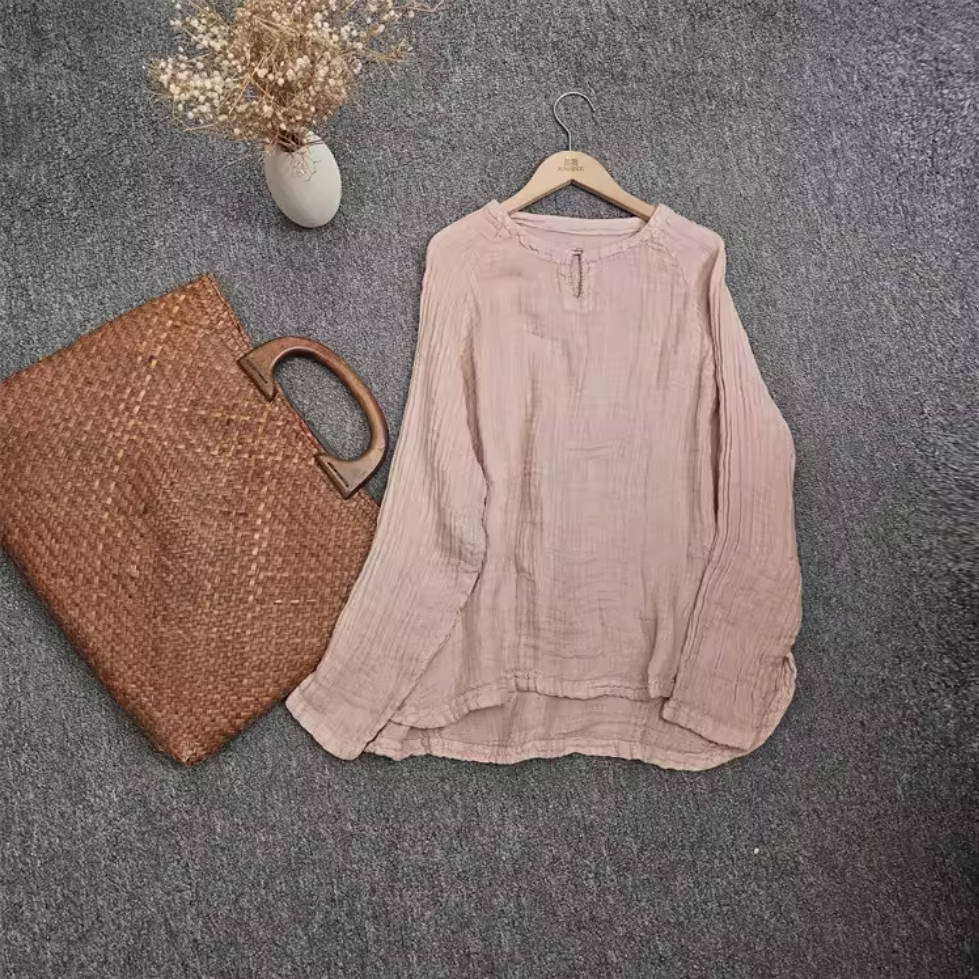 Retro Linen Spring Round Neck Simple Casual Embroidered Tops