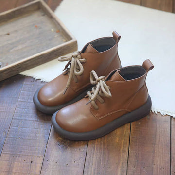 Retro Genuine Leather Round Toe Lace-Up Casual Ankle Boots