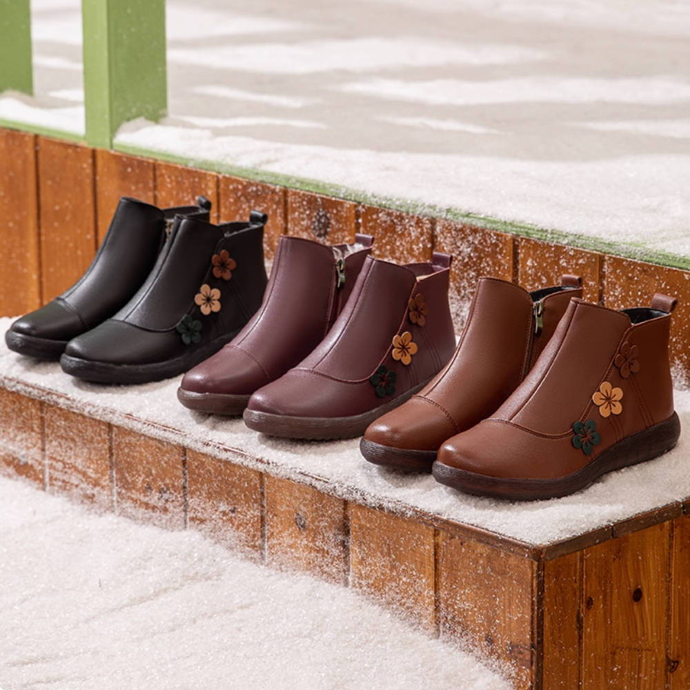 Retro Winter Leather Floral Warm Soft Sole Plush Ankle Boots