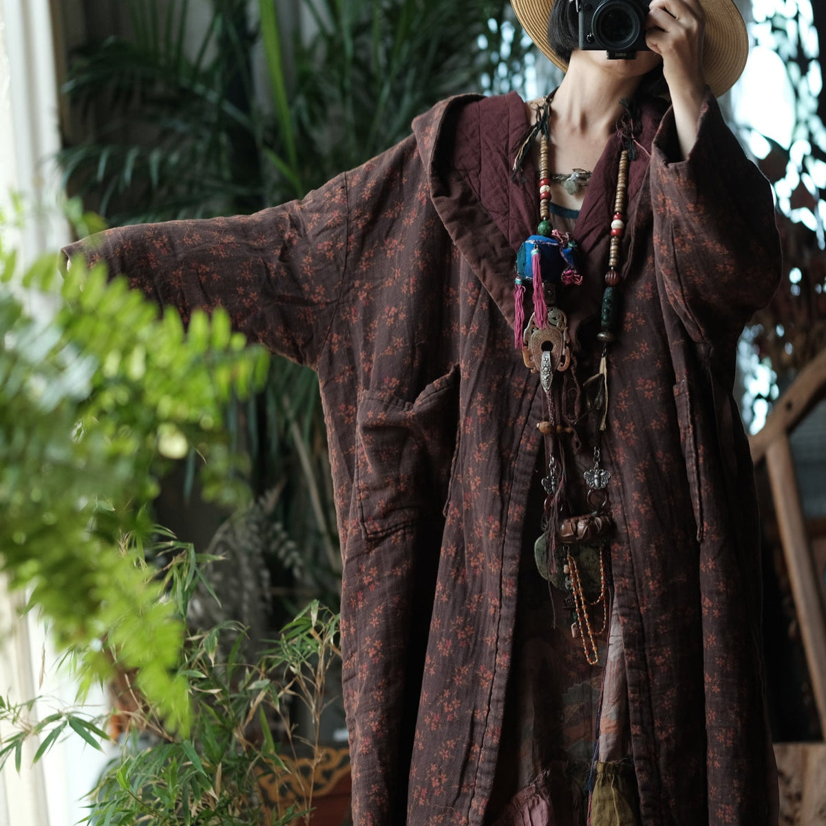 Winter Cotton Retro Washed Printed Hoodies Plus Size Thick Long Coat