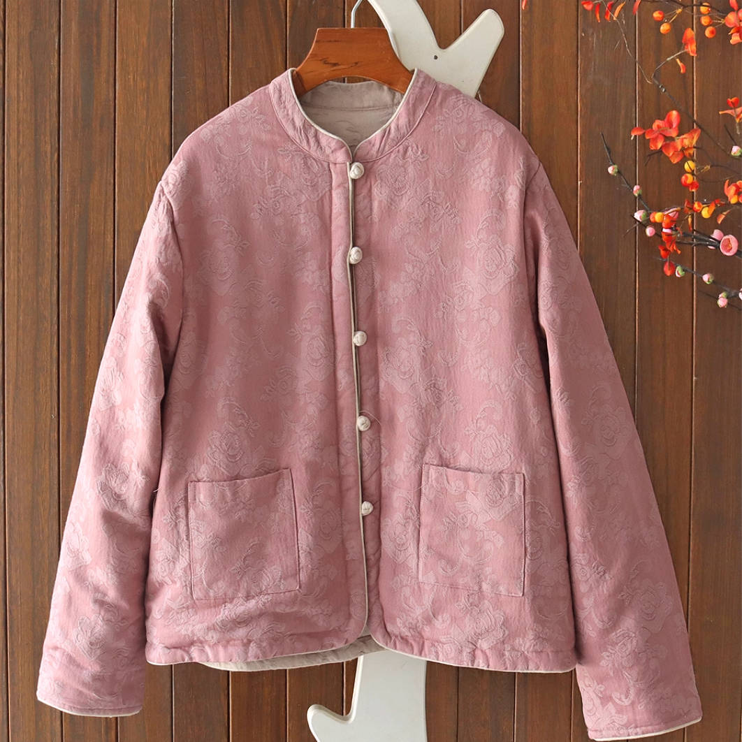Cotton Jacquard Stand Collar Single-Breasted Cotton-In Warm Coat