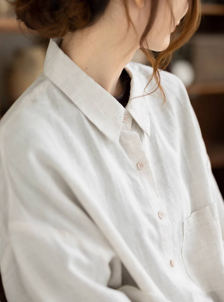 Spring Retro Ramie Lapel Long Sleeves Versatile Comfy Short Shirt