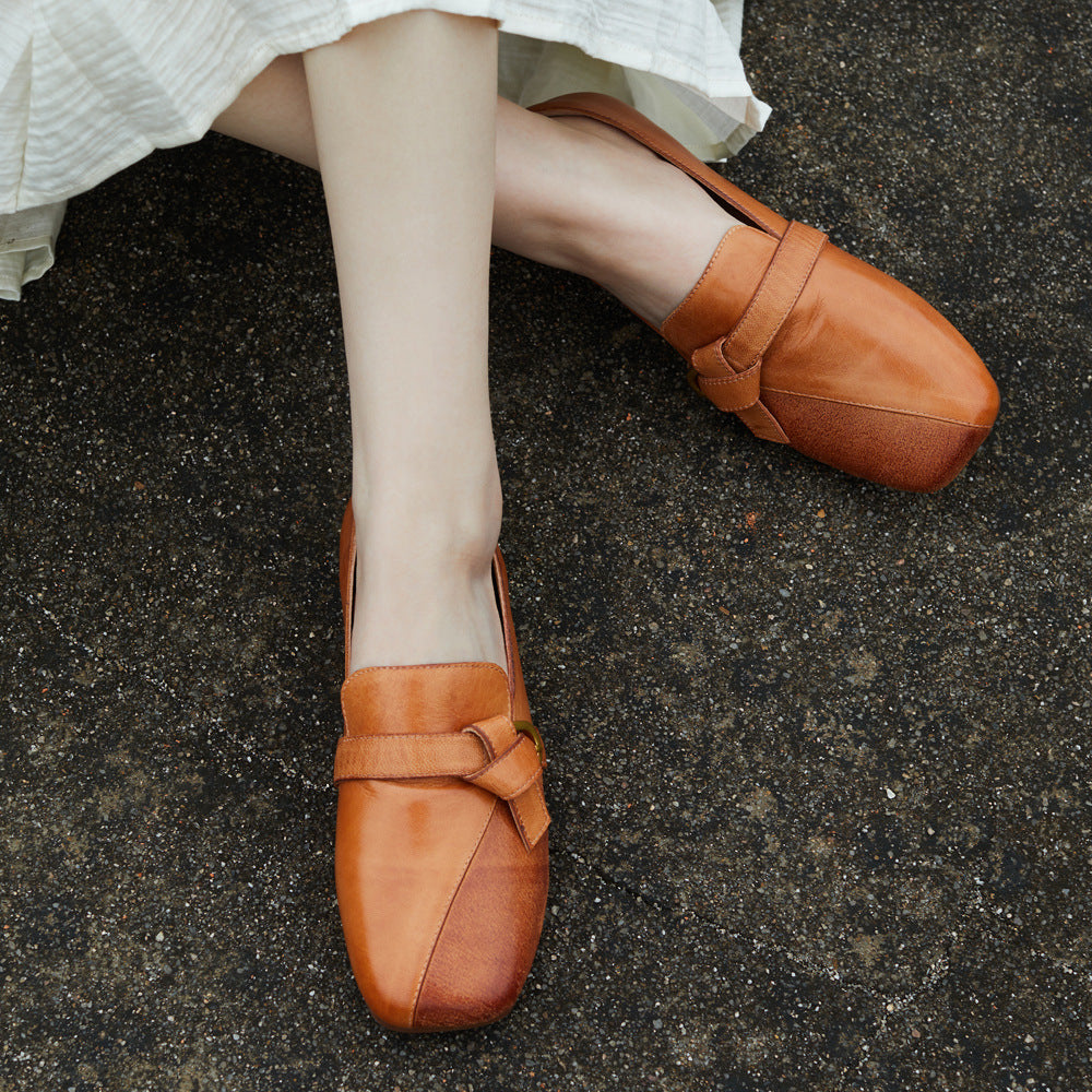 Square Toe Genuine Leather Straped Fashion Light Soft Sole Flats