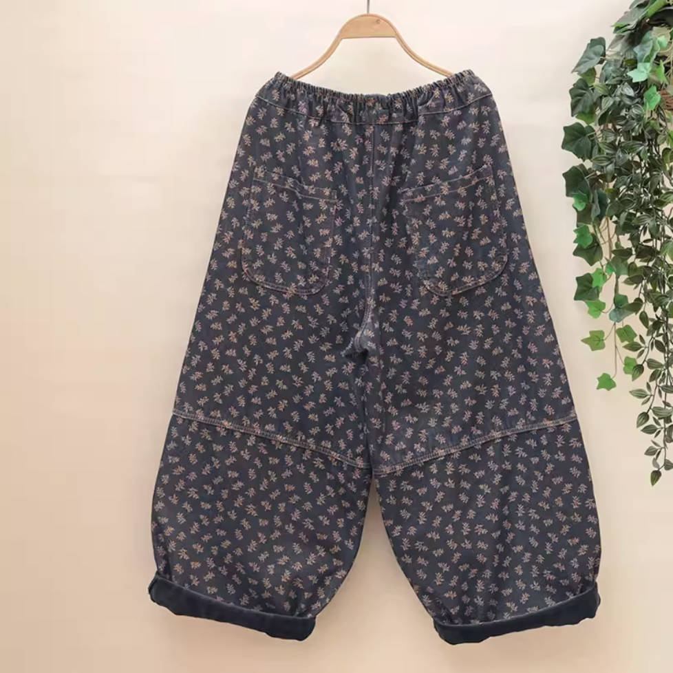 Winter Denim Retro Floral Printed Warm Plush Lace-Up Harem Pants