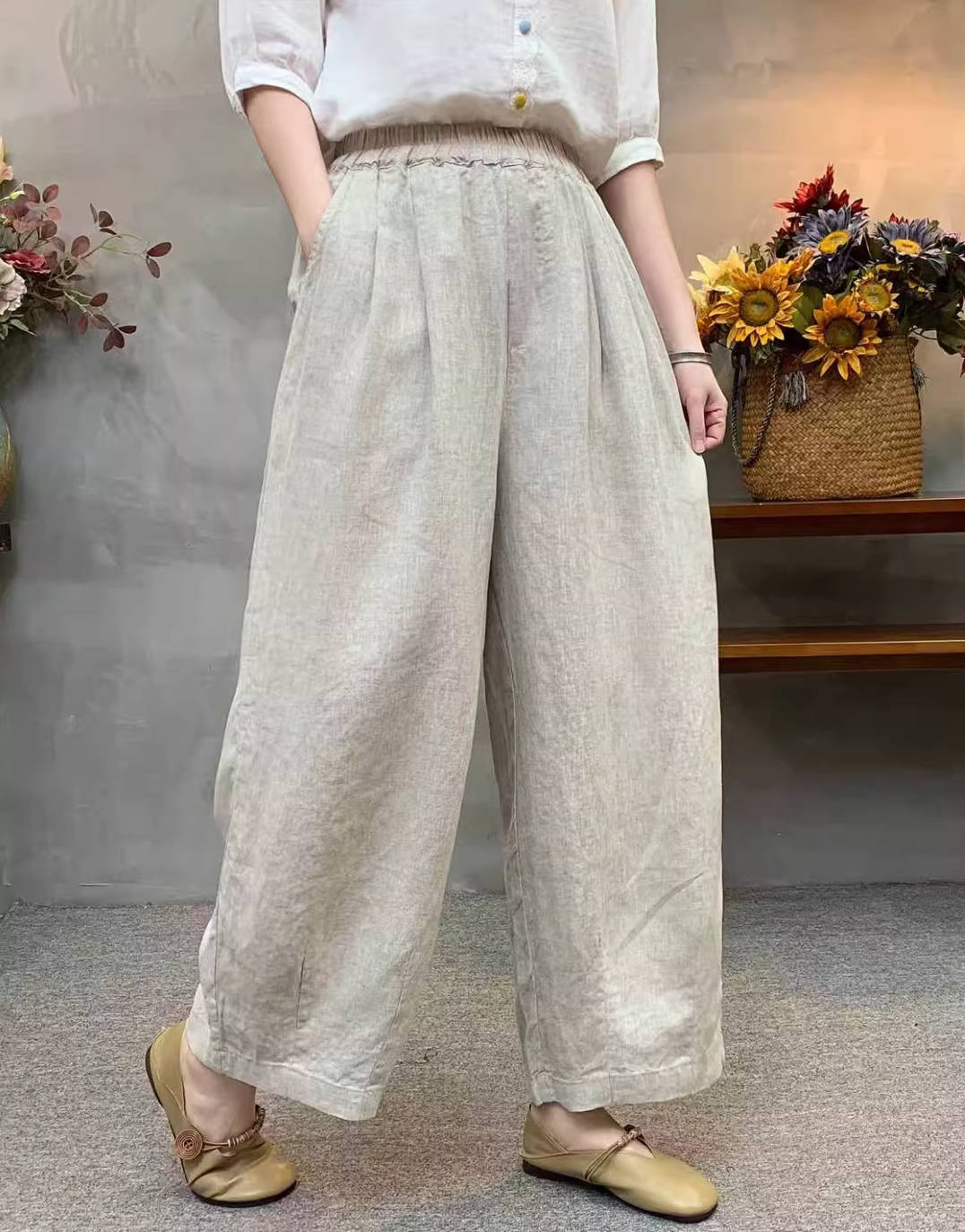 Comfortable Retro Linen Elastic Waist Slim Loose Harem Pants