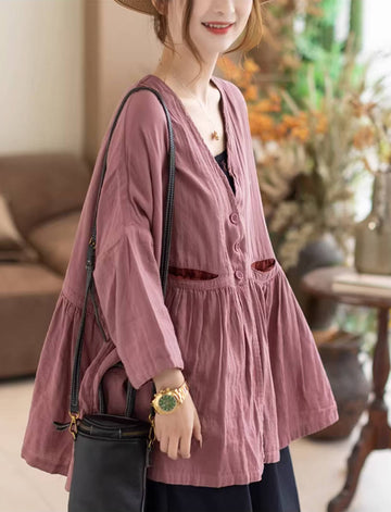 Retro Spring Cotton V-Neck Patchwork Versatile Long Loose Tops