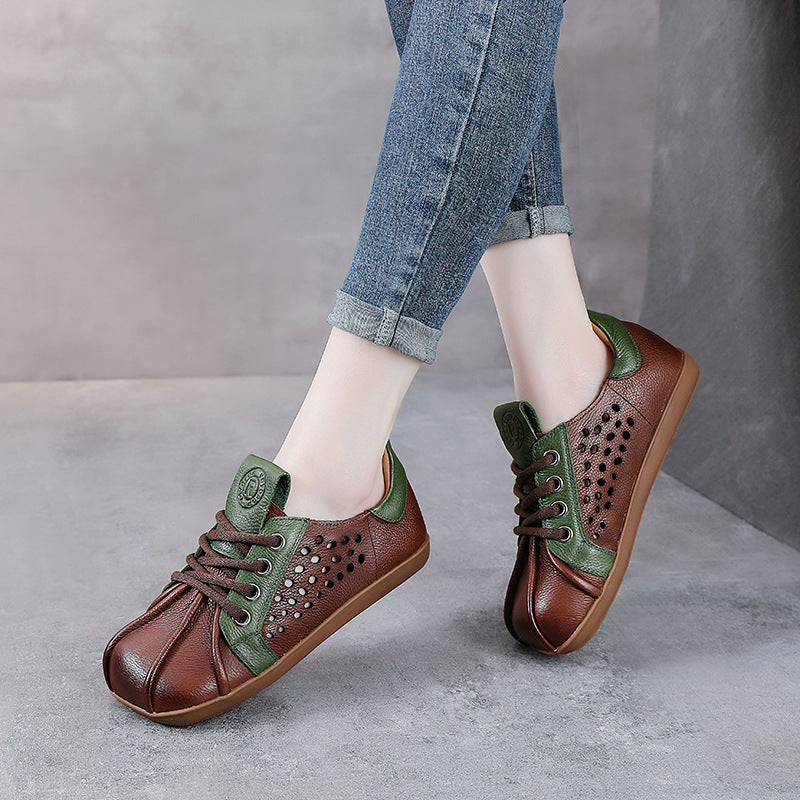 Spring Leather Patchwork Stylish Hallow Soft Sole Flat Shoes