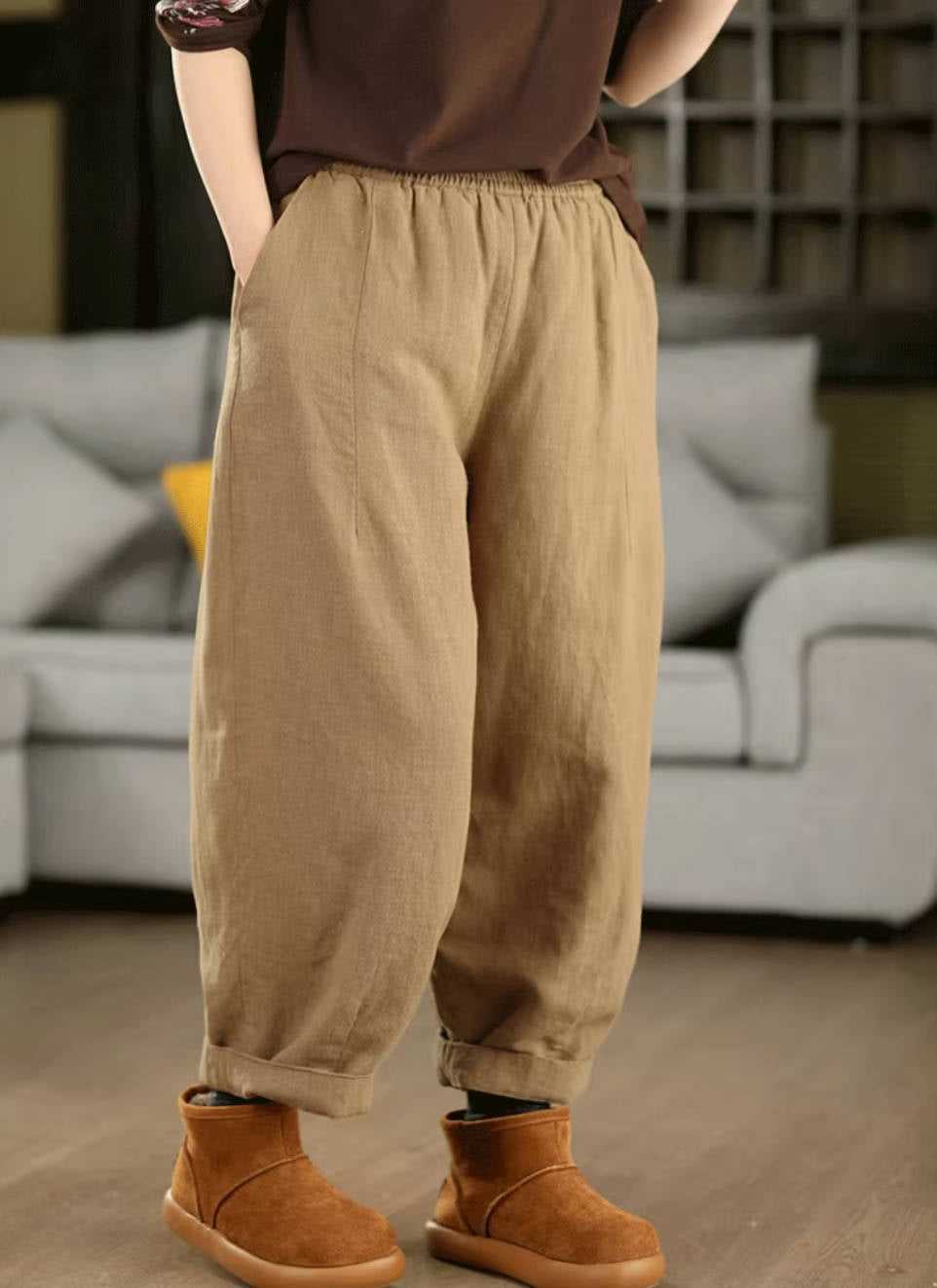 Winter Retro Ramie Washed Warm Cotton-In Loose Harem Pants