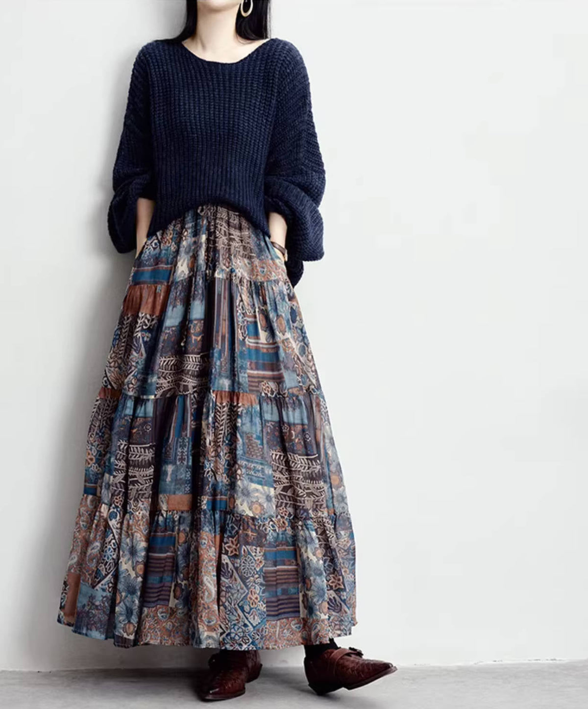 Vintage High Quality Lyocell Printed Patchwork Loose A-Line Skirt