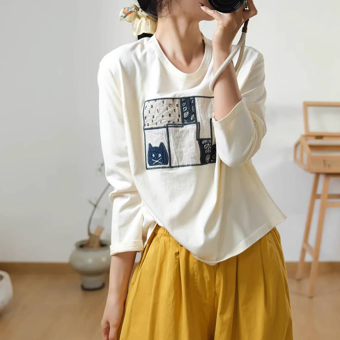 Spring Cotton Patchwork Round Neck Slim Thin Comfy Tops