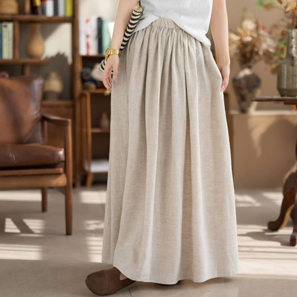 Spring Stylish Linen Elastic Waist Loose A-Line Casual Long Skirt