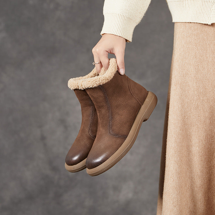 Winter Warm Leather Plush Round Toe Simple Zipper Ankle Boots
