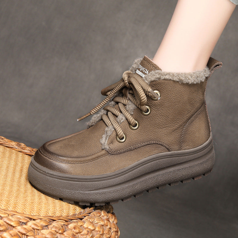 Winter Retro Leather Platform Plush Warm Lace-Up Flat Ankle Boots