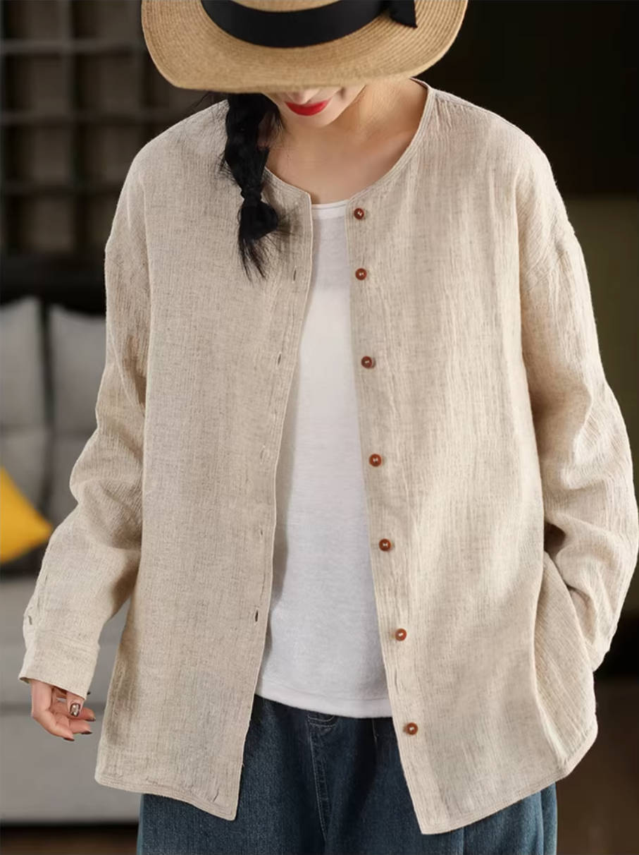 High Quality Ramie Spring Round Neck Single-Breasted Casual Shirt